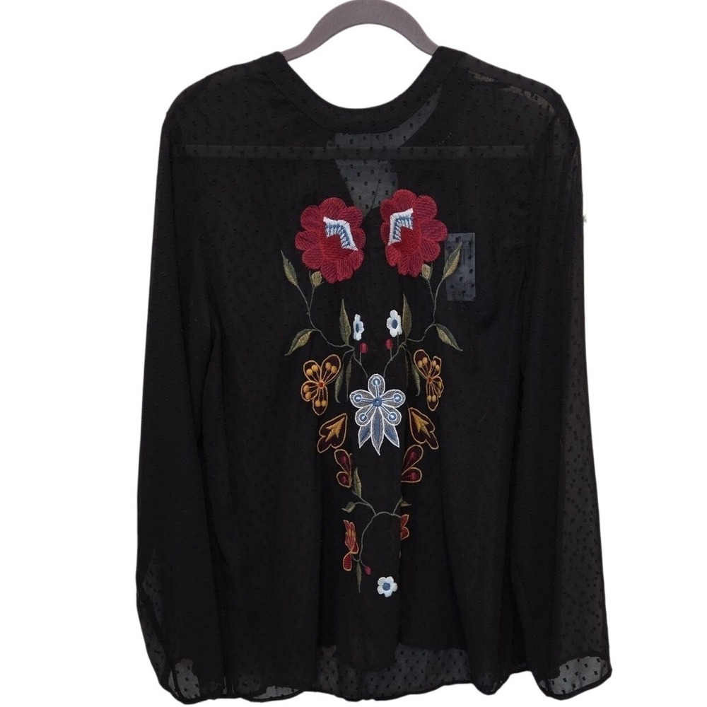 Boho Black Floral Embroidered Sheer Swiss Dot Blouse Top XL‎